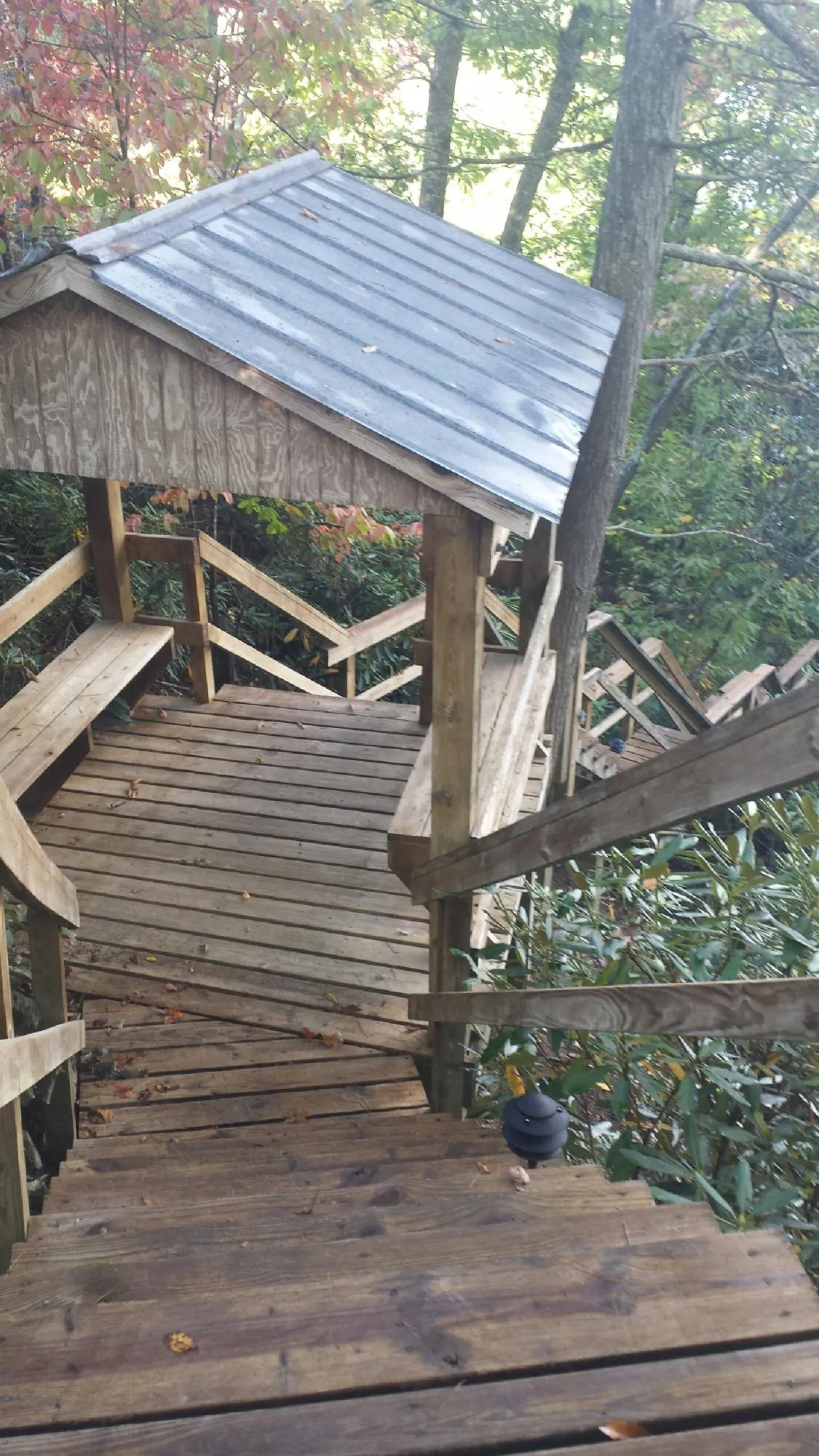 Metal roofed shelter over wooden steps on a wooded walkway — Skylight Repair & Installation work by our crew in Ocean Park